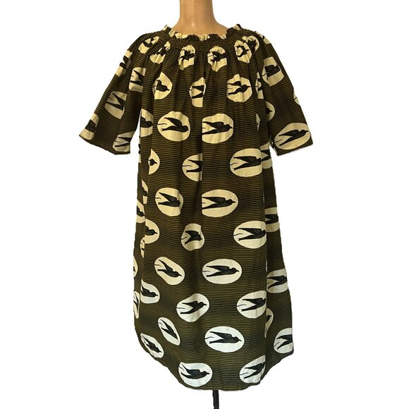 Off the Shoulder Dress Hand Made with African Block Print Fabric - Black Birds - Picture 1 of 15